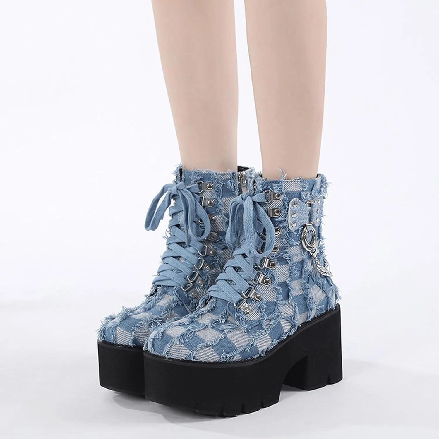 Women'S Denim Burrs Lace Up Chunky Platform Y2k Motorcycle Booties Fashion Chain Decor Platform Combat Ankle Booties Side Zipper Round Toe Non-Slip Goth Combat Boots
