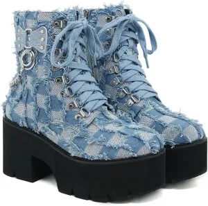 Women'S Denim Burrs Lace Up Chunky Platform Y2k Motorcycle Booties Fashion Chain Decor Platform Combat Ankle Booties Side Zipper Round Toe Non-Slip Goth Combat Boots