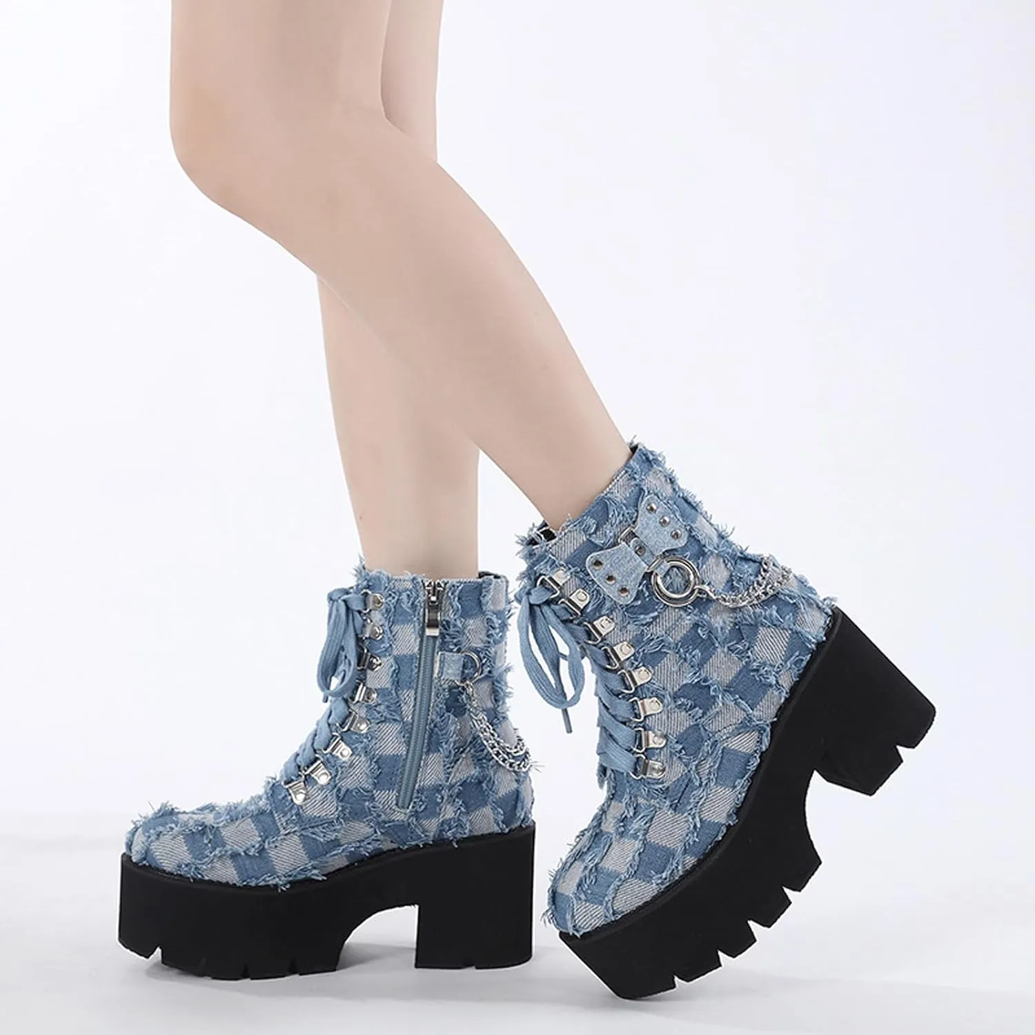 Women'S Denim Burrs Lace Up Chunky Platform Y2k Motorcycle Booties Fashion Chain Decor Platform Combat Ankle Booties Side Zipper Round Toe Non-Slip Goth Combat Boots