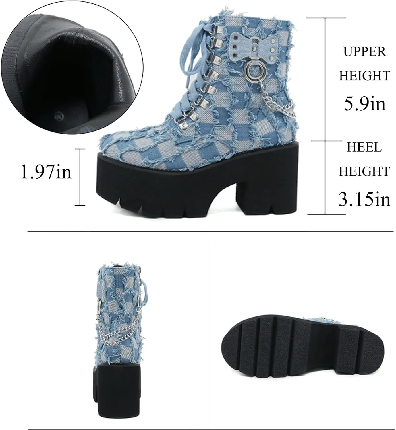 Women'S Denim Burrs Lace Up Chunky Platform Y2k Motorcycle Booties Fashion Chain Decor Platform Combat Ankle Booties Side Zipper Round Toe Non-Slip Goth Combat Boots