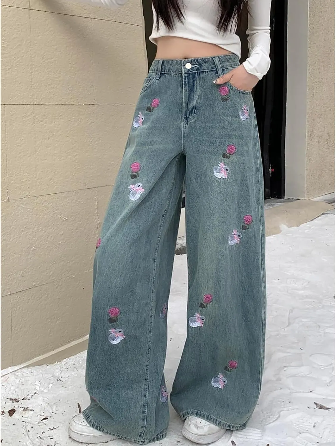 Women's Denim Pants Y2K Jeans Retro Embroidered Pattern Printed Loose Casual Jeans Straight Leg Pants