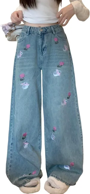 Women's Denim Pants Y2K Jeans Retro Embroidered Pattern Printed Loose Casual Jeans Straight Leg Pants