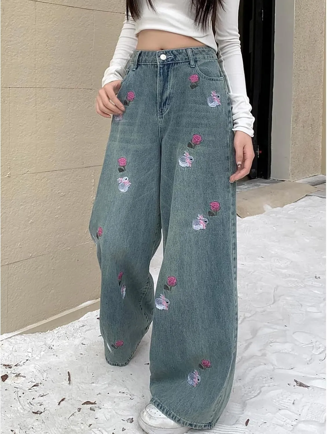 Women's Denim Pants Y2K Jeans Retro Embroidered Pattern Printed Loose Casual Jeans Straight Leg Pants