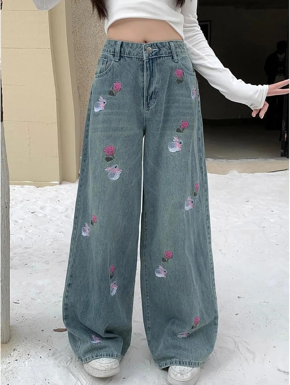 Women's Denim Pants Y2K Jeans Retro Embroidered Pattern Printed Loose Casual Jeans Straight Leg Pants
