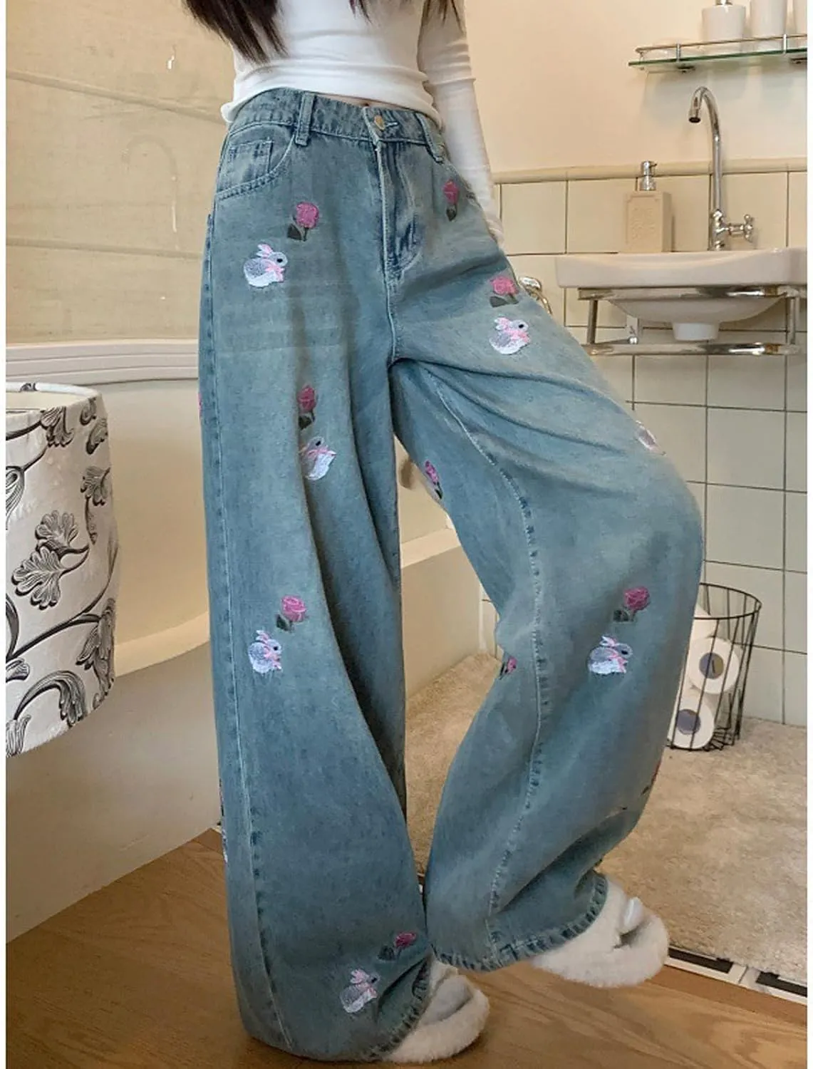 Women's Denim Pants Y2K Jeans Retro Embroidered Pattern Printed Loose Casual Jeans Straight Leg Pants