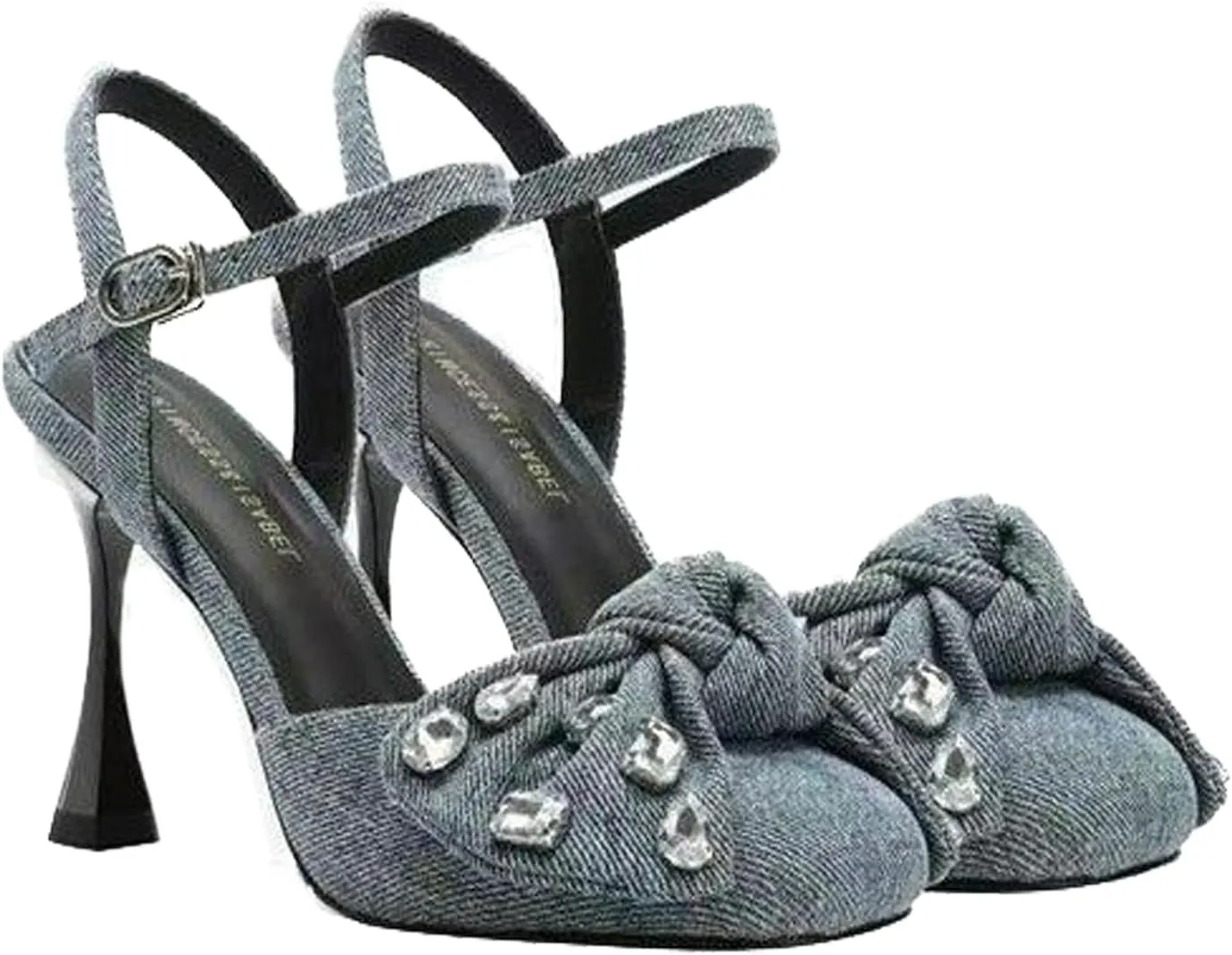 Women's Denim Rhinestone Stilettos Sandals Bow Closed Square Toe Adjustable Strap Buckle Slingback High Heel Dress Shoe for Banquet Wedding Sexy Pumps
