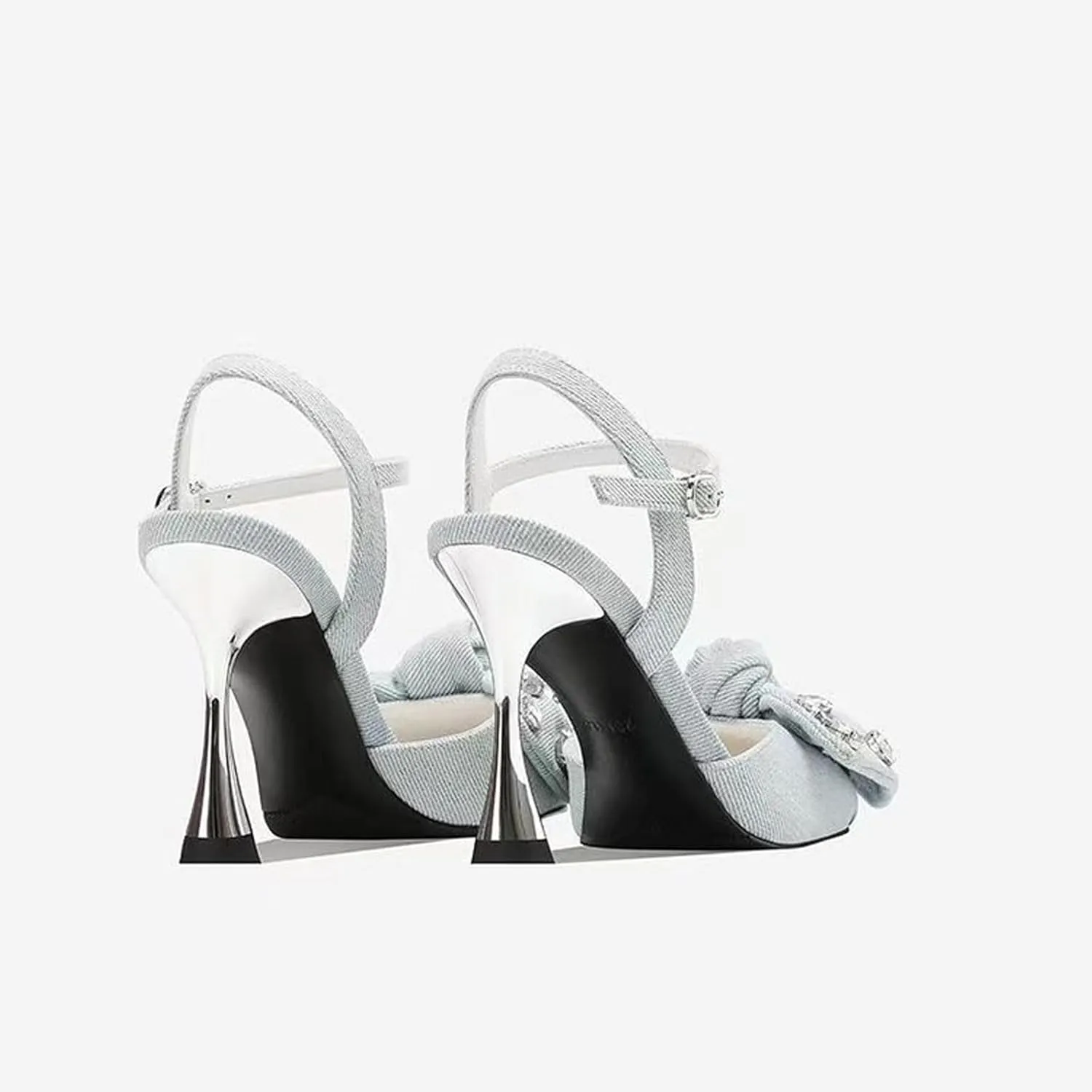 Women's Denim Rhinestone Stilettos Sandals Bow Closed Square Toe Adjustable Strap Buckle Slingback High Heel Dress Shoe for Banquet Wedding Sexy Pumps