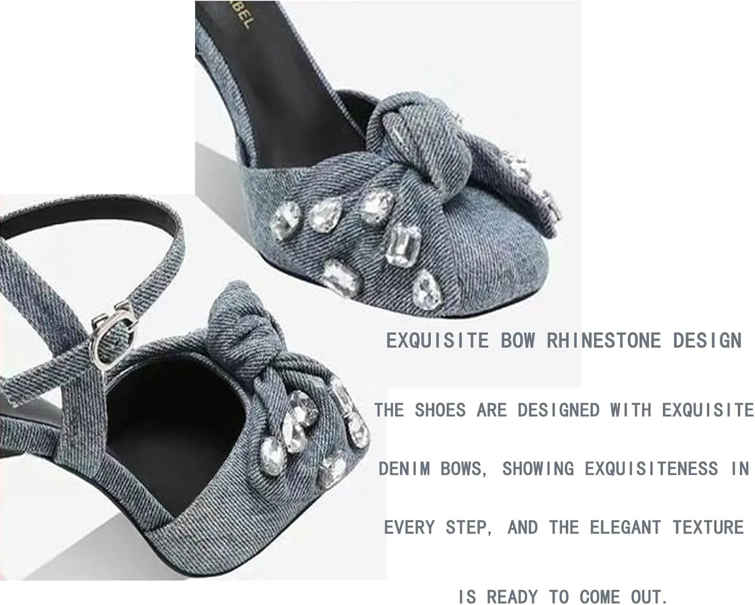 Women's Denim Rhinestone Stilettos Sandals Bow Closed Square Toe Adjustable Strap Buckle Slingback High Heel Dress Shoe for Banquet Wedding Sexy Pumps