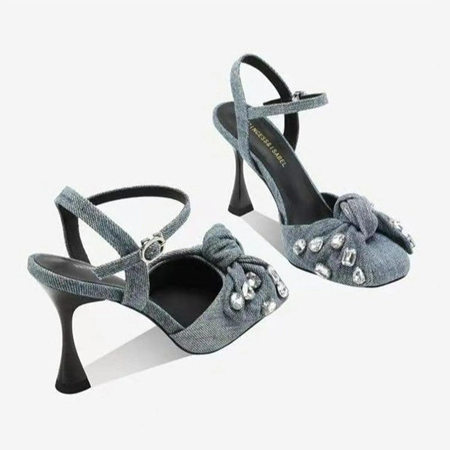 Women's Denim Rhinestone Stilettos Sandals Bow Closed Square Toe Adjustable Strap Buckle Slingback High Heel Dress Shoe for Banquet Wedding Sexy Pumps
