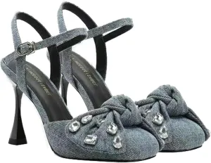 Women's Denim Rhinestone Stilettos Sandals Bow Closed Square Toe Adjustable Strap Buckle Slingback High Heel Dress Shoe for Banquet Wedding Sexy Pumps