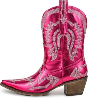 Women's Embroidered Cowgirl Boots Calf Thick Heels Pointed Head Country Music Festival Vintage Western Metal Cowboy Ankle Boot