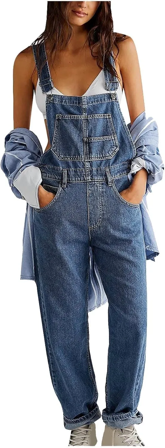 Womens Fashion Denim Jumpsuit Adjustable Straps Bib Overalls Casual Loose Jeans Pants Jumpsuits Romper with Pockets
