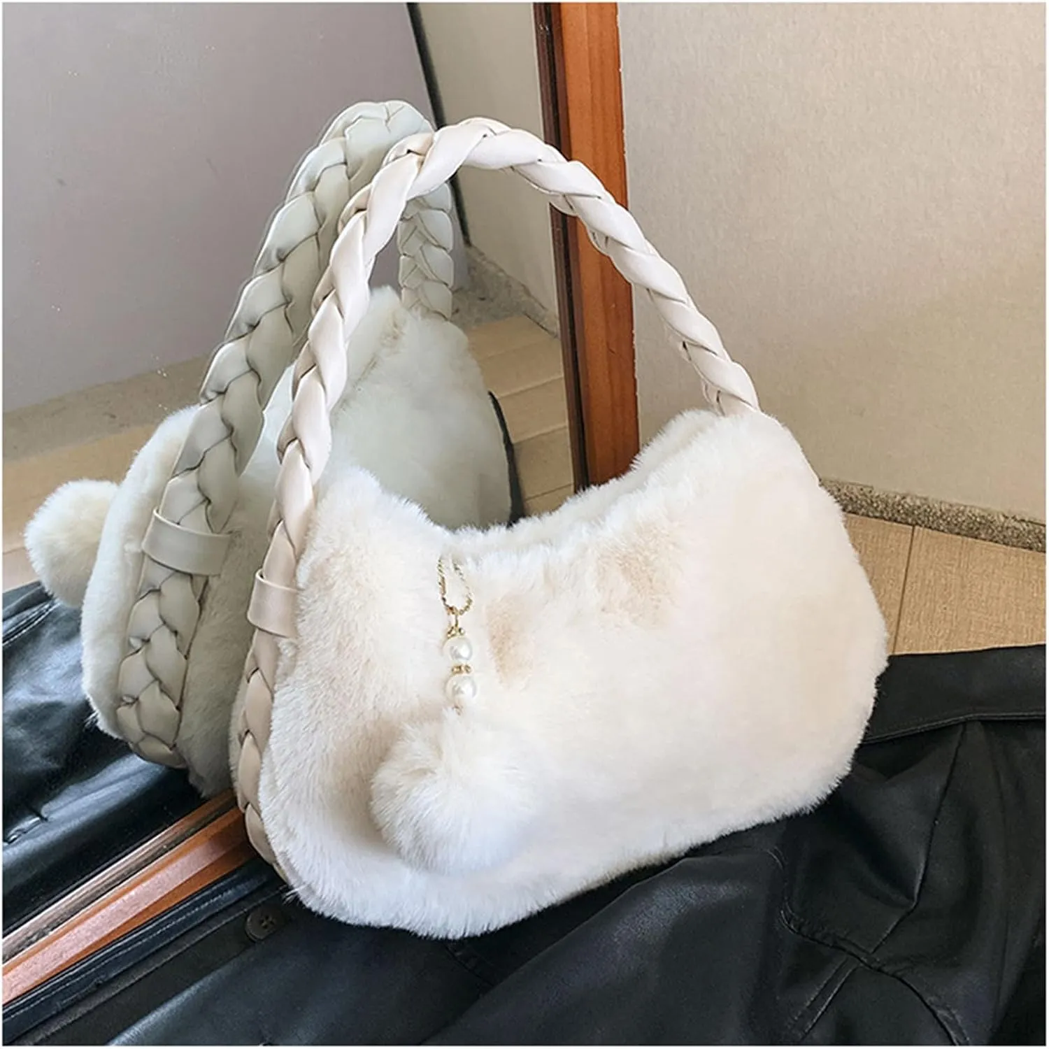Womens Faux Fur Handbag Fashion Fluffy Plush Shoulder Bags Purse Fuzzy Zipper Tote Bag for Autumn and Winter