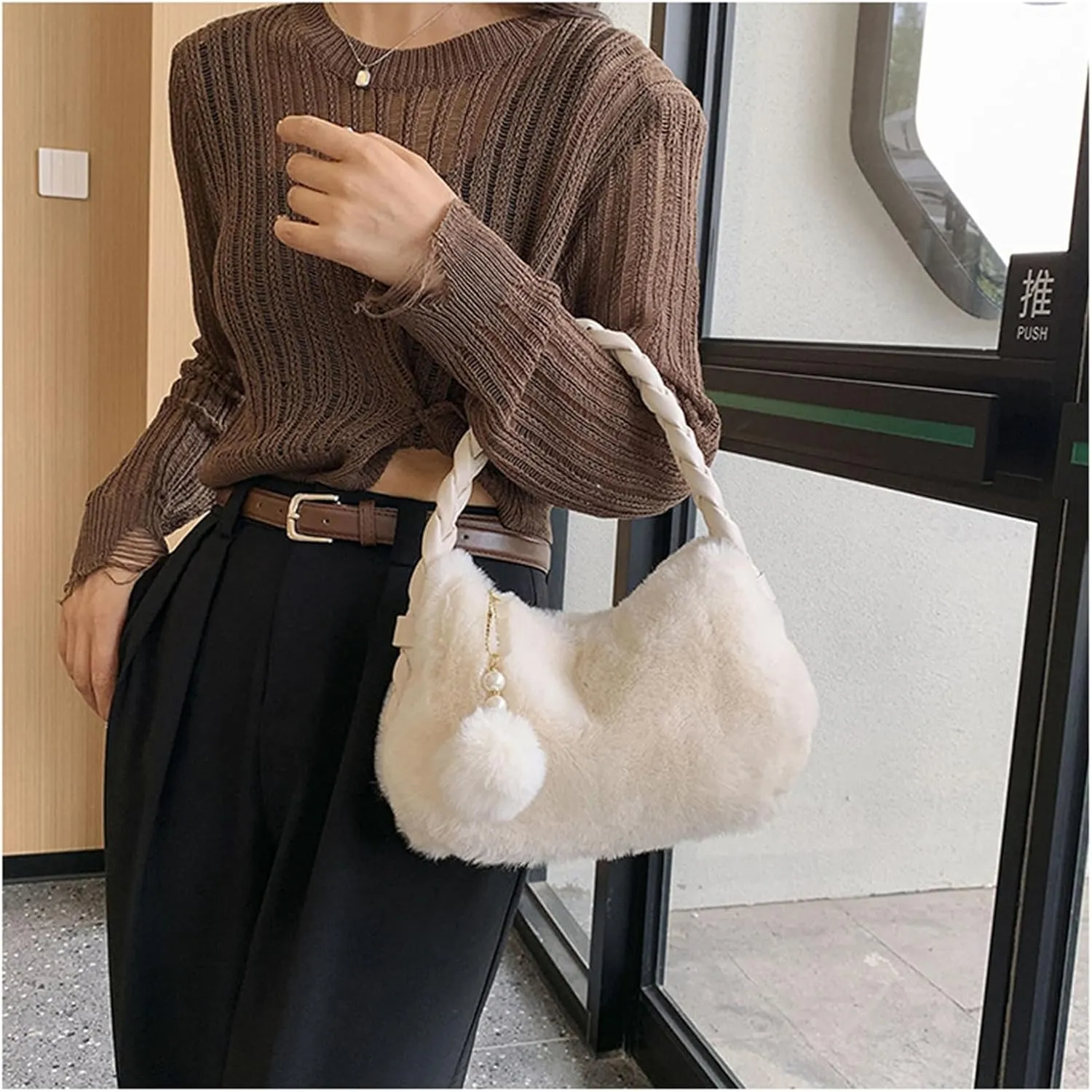Womens Faux Fur Handbag Fashion Fluffy Plush Shoulder Bags Purse Fuzzy Zipper Tote Bag for Autumn and Winter
