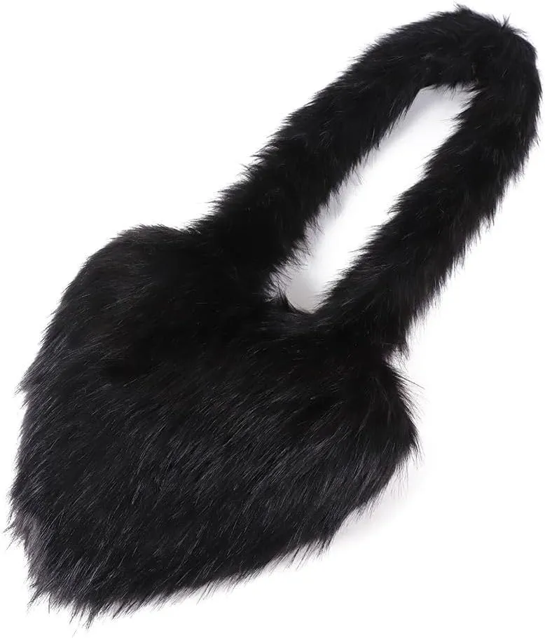 Womens Faux Fur Shoulder Bag Furry Purse Handbag Crossbody Bag Heart Shaped with Shoulder Strap