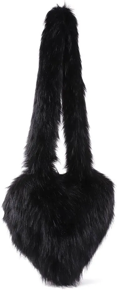 Womens Faux Fur Shoulder Bag Furry Purse Handbag Crossbody Bag Heart Shaped with Shoulder Strap