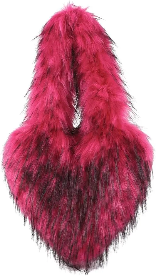 Womens Faux Fur Shoulder Bag Furry Purse Handbag Crossbody Bag Heart Shaped with Shoulder Strap