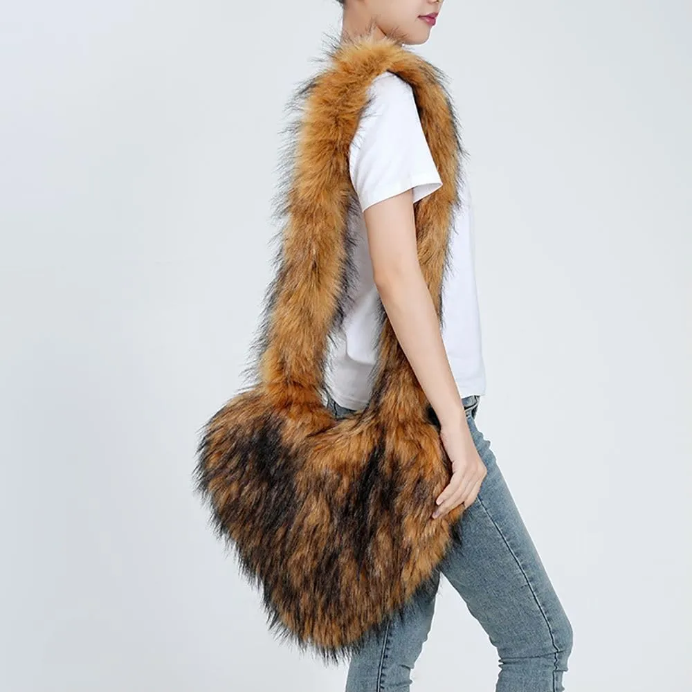 Womens Faux Fur Shoulder Bag Furry Purse Handbag Crossbody Bag Heart Shaped with Shoulder Strap