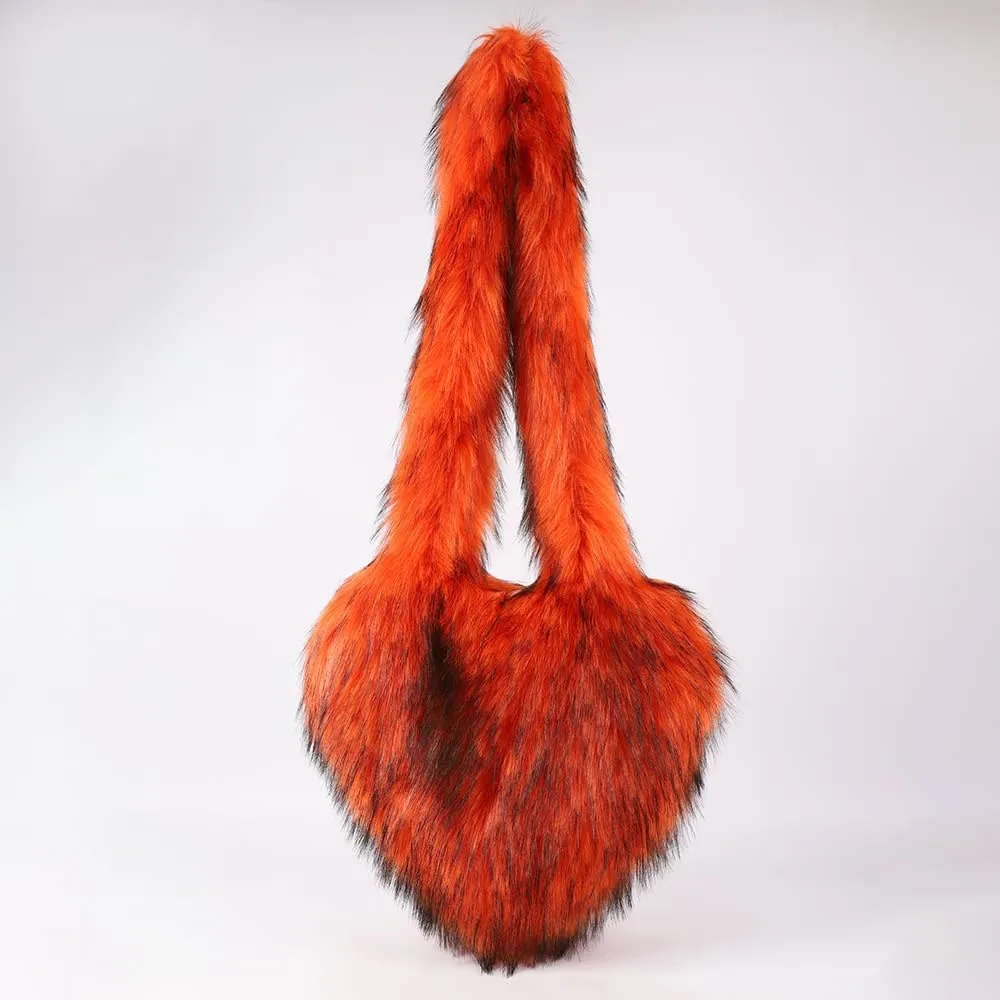 Womens Faux Fur Shoulder Bag Furry Purse Handbag Crossbody Bag Heart Shaped with Shoulder Strap