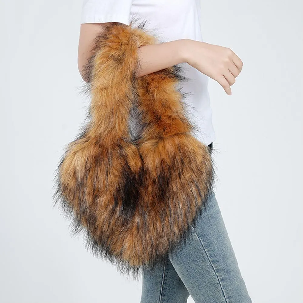 Womens Faux Fur Shoulder Bag Furry Purse Handbag Crossbody Bag Heart Shaped with Shoulder Strap