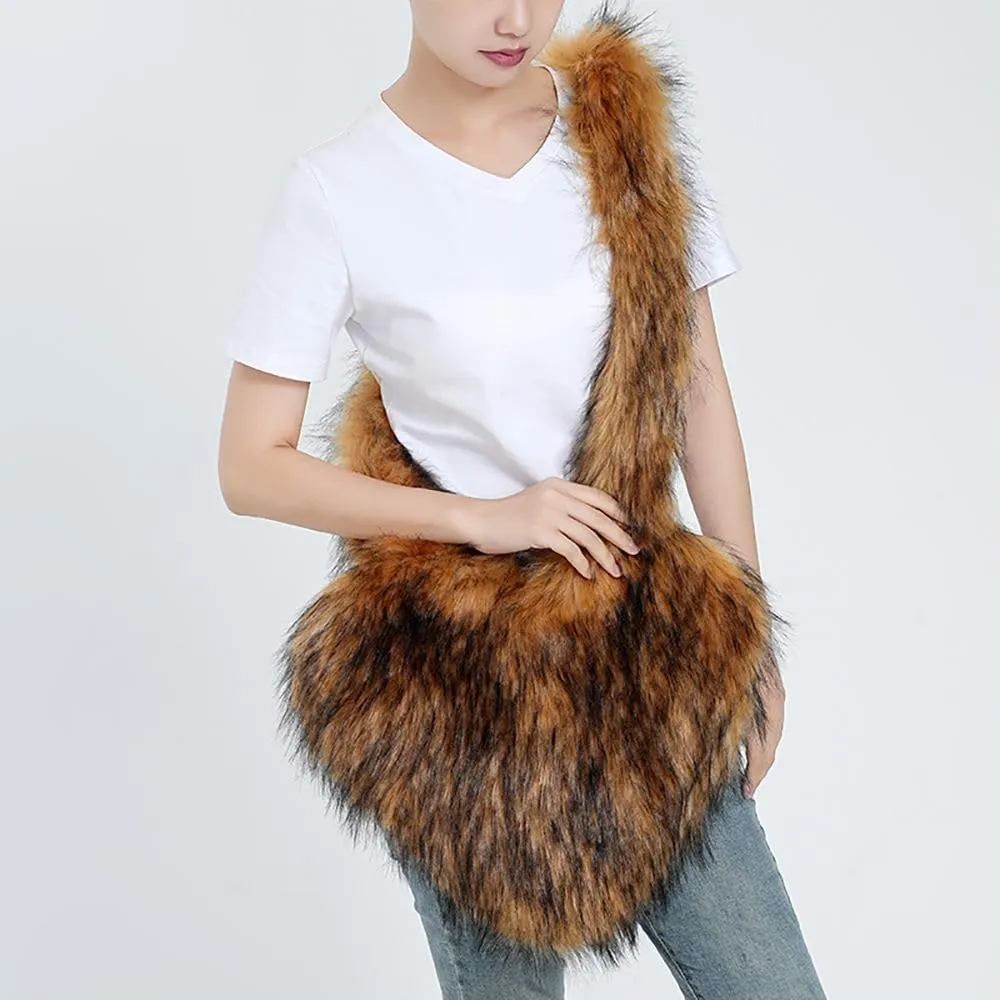 Womens Faux Fur Shoulder Bag Furry Purse Handbag Crossbody Bag Heart Shaped with Shoulder Strap