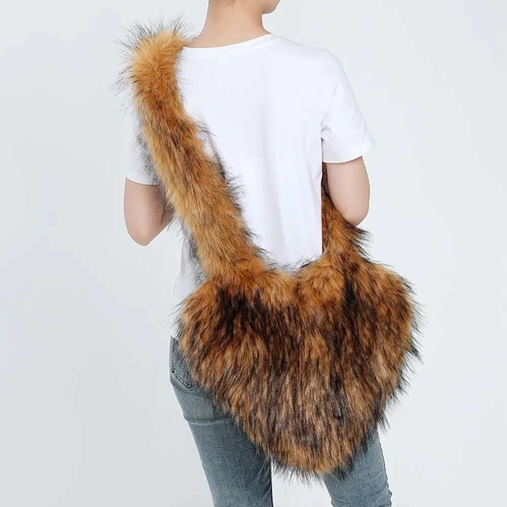Womens Faux Fur Shoulder Bag Furry Purse Handbag Crossbody Bag Heart Shaped with Shoulder Strap