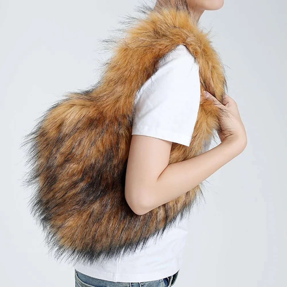 Womens Faux Fur Shoulder Bag Furry Purse Handbag Crossbody Bag Heart Shaped with Shoulder Strap