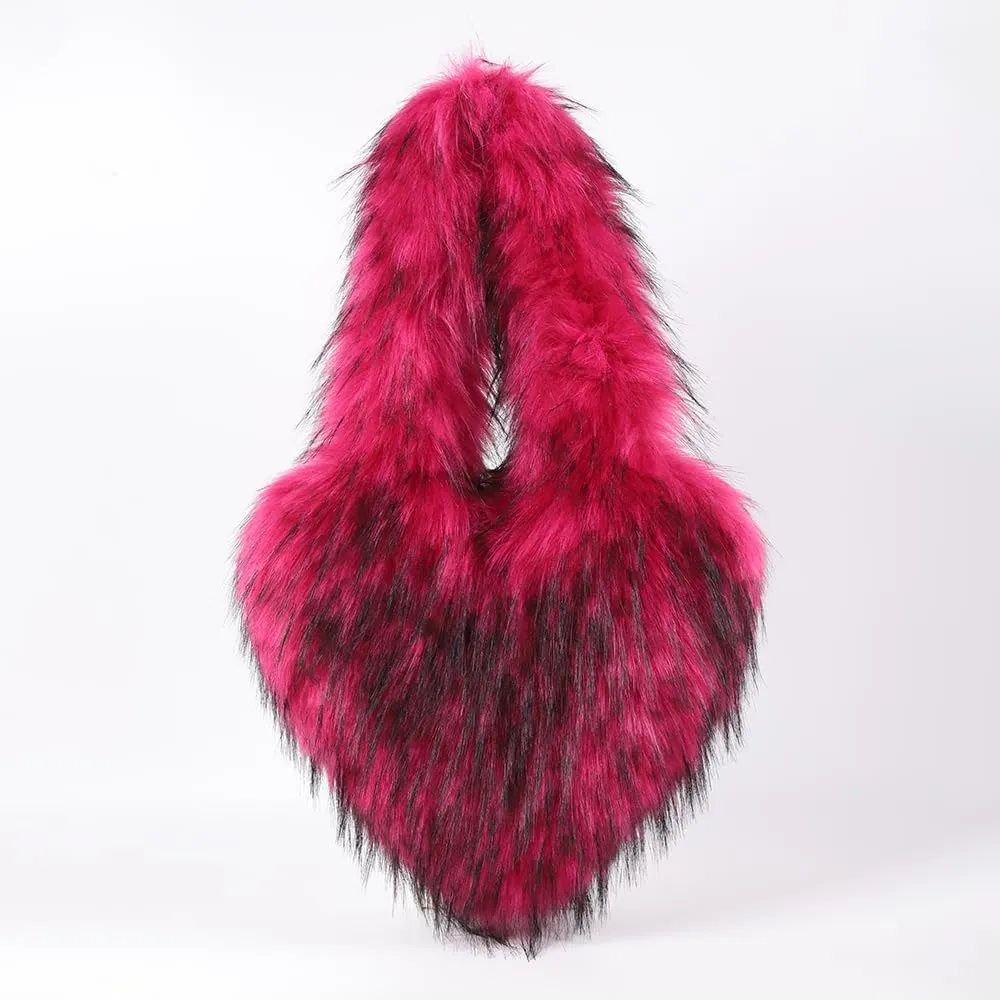 Womens Faux Fur Shoulder Bag Furry Purse Handbag Crossbody Bag Heart Shaped with Shoulder Strap