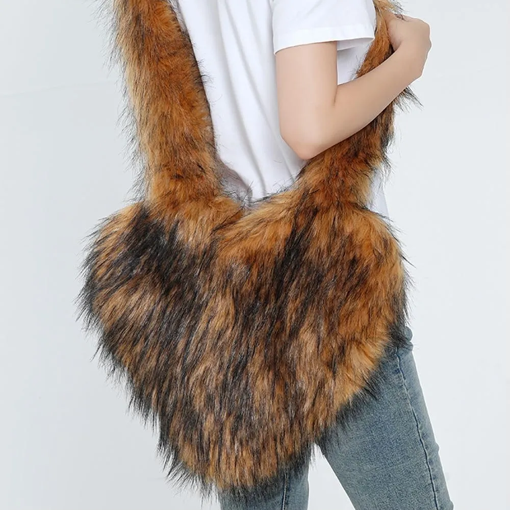 Womens Faux Fur Shoulder Bag Furry Purse Handbag Crossbody Bag Heart Shaped with Shoulder Strap