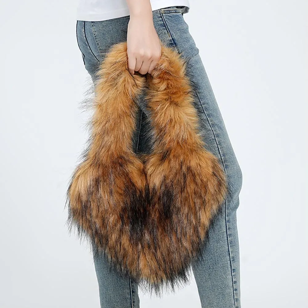 Womens Faux Fur Shoulder Bag Furry Purse Handbag Crossbody Bag Heart Shaped with Shoulder Strap