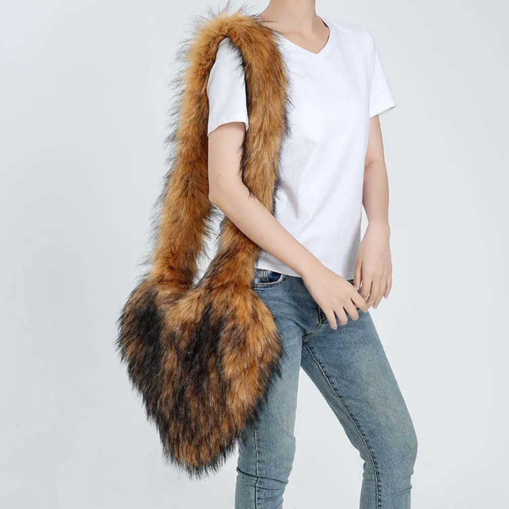 Womens Faux Fur Shoulder Bag Furry Purse Handbag Crossbody Bag Heart Shaped with Shoulder Strap