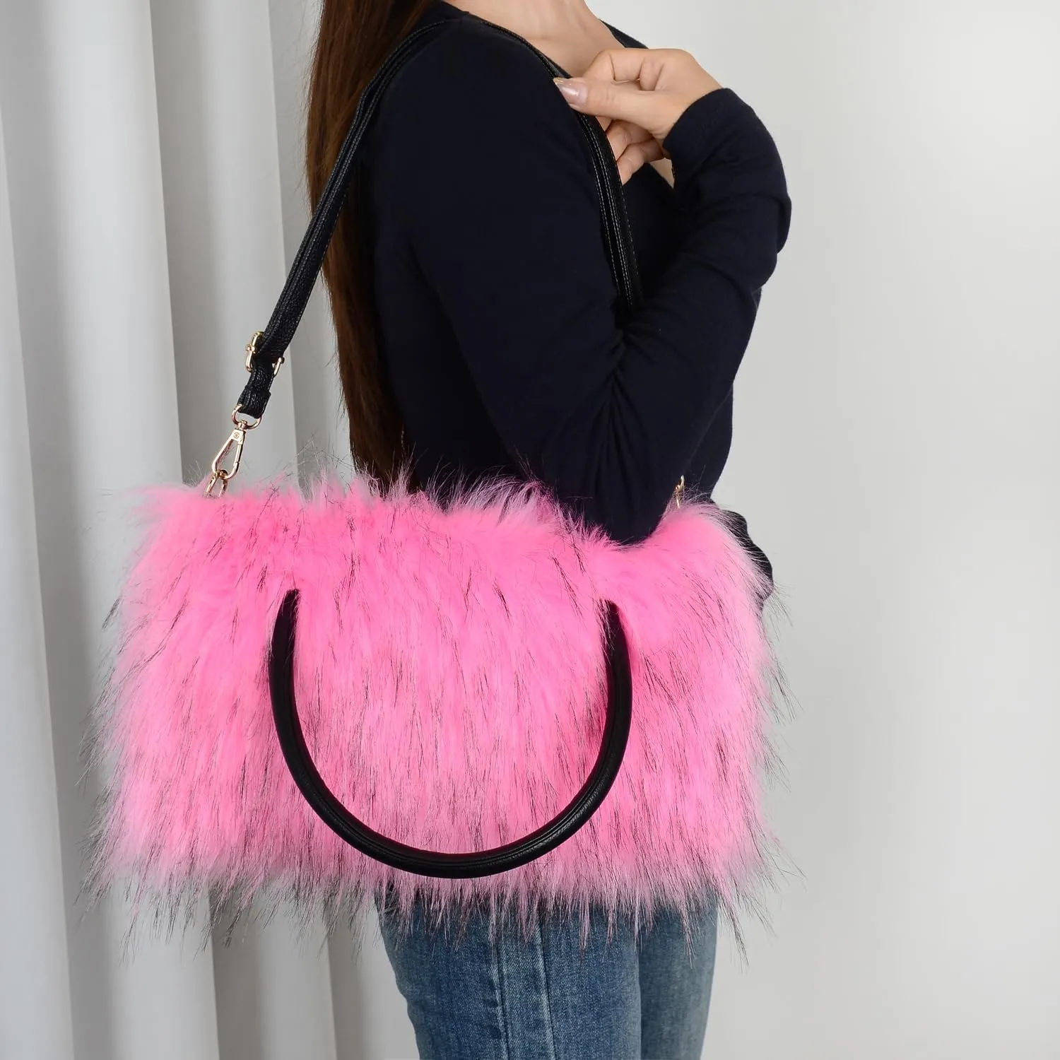 Womens Faux Fur Shoulder Bag Furry Purse Handbag Crossbody Bag with Shoulder Strap