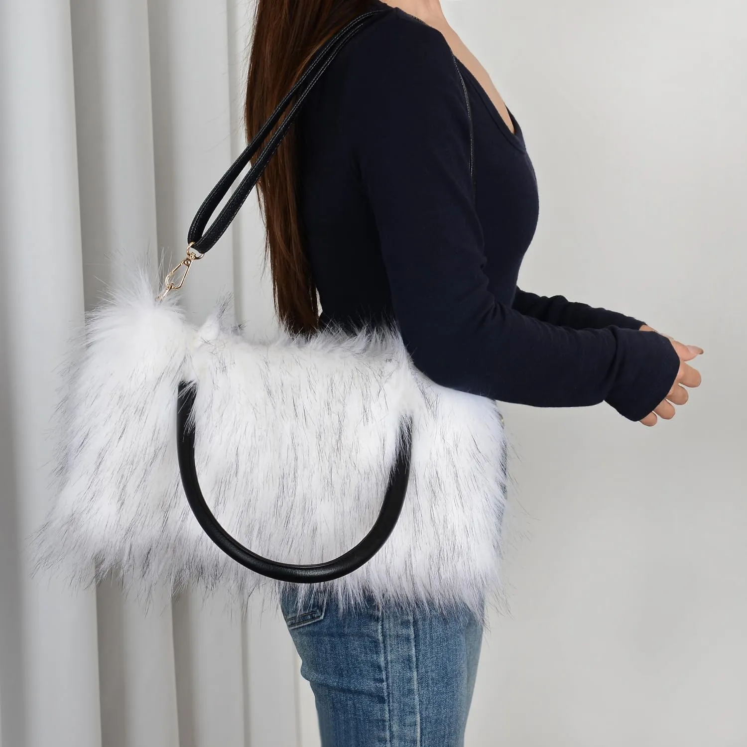 Womens Faux Fur Shoulder Bag Furry Purse Handbag Crossbody Bag with Shoulder Strap