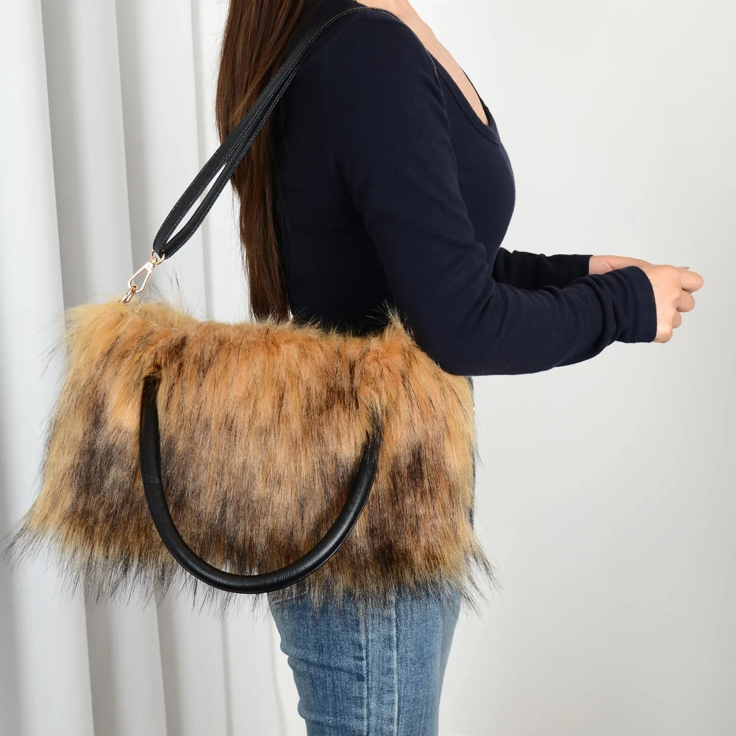 Womens Faux Fur Shoulder Bag Furry Purse Handbag Crossbody Bag with Shoulder Strap
