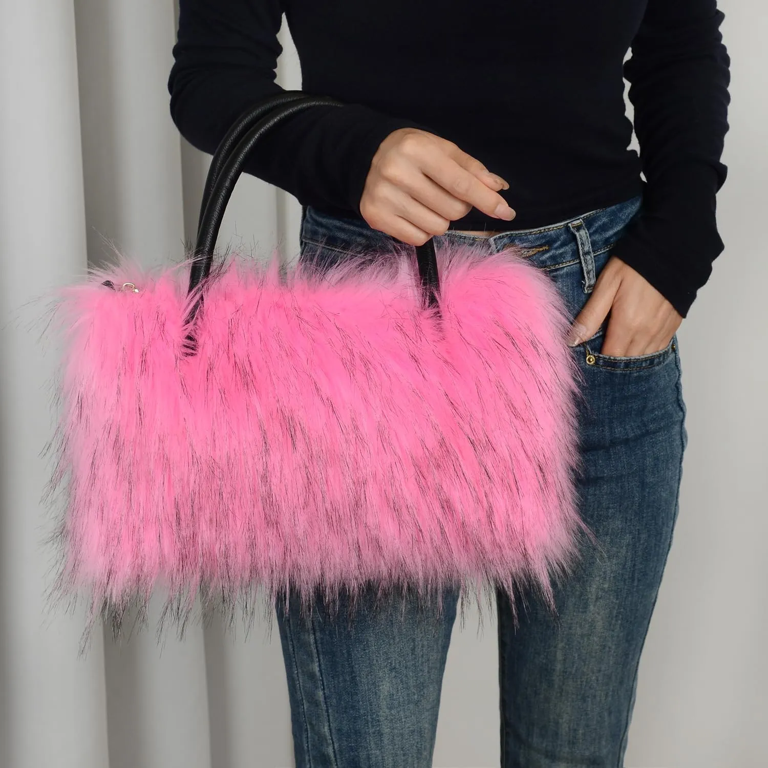 Womens Faux Fur Shoulder Bag Furry Purse Handbag Crossbody Bag with Shoulder Strap