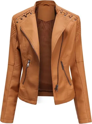 Women's Faux Leather Moto Jacket Slim Thin Leather Jacket