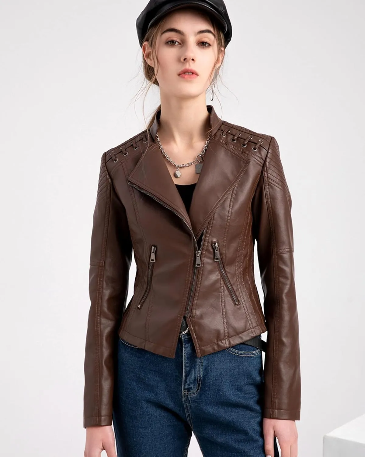 Women's Faux Leather Moto Jacket Slim Thin Leather Jacket