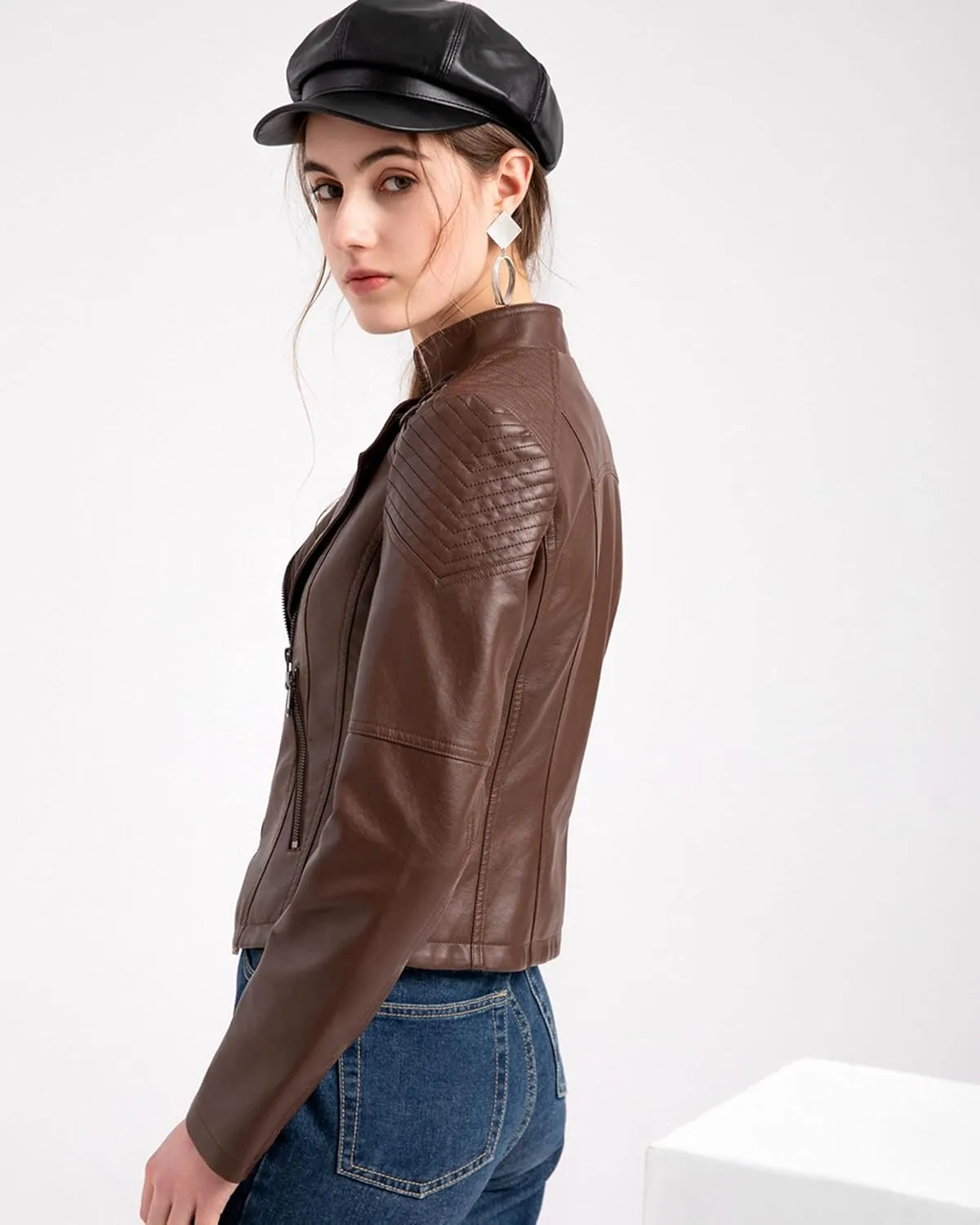 Women's Faux Leather Moto Jacket Slim Thin Leather Jacket