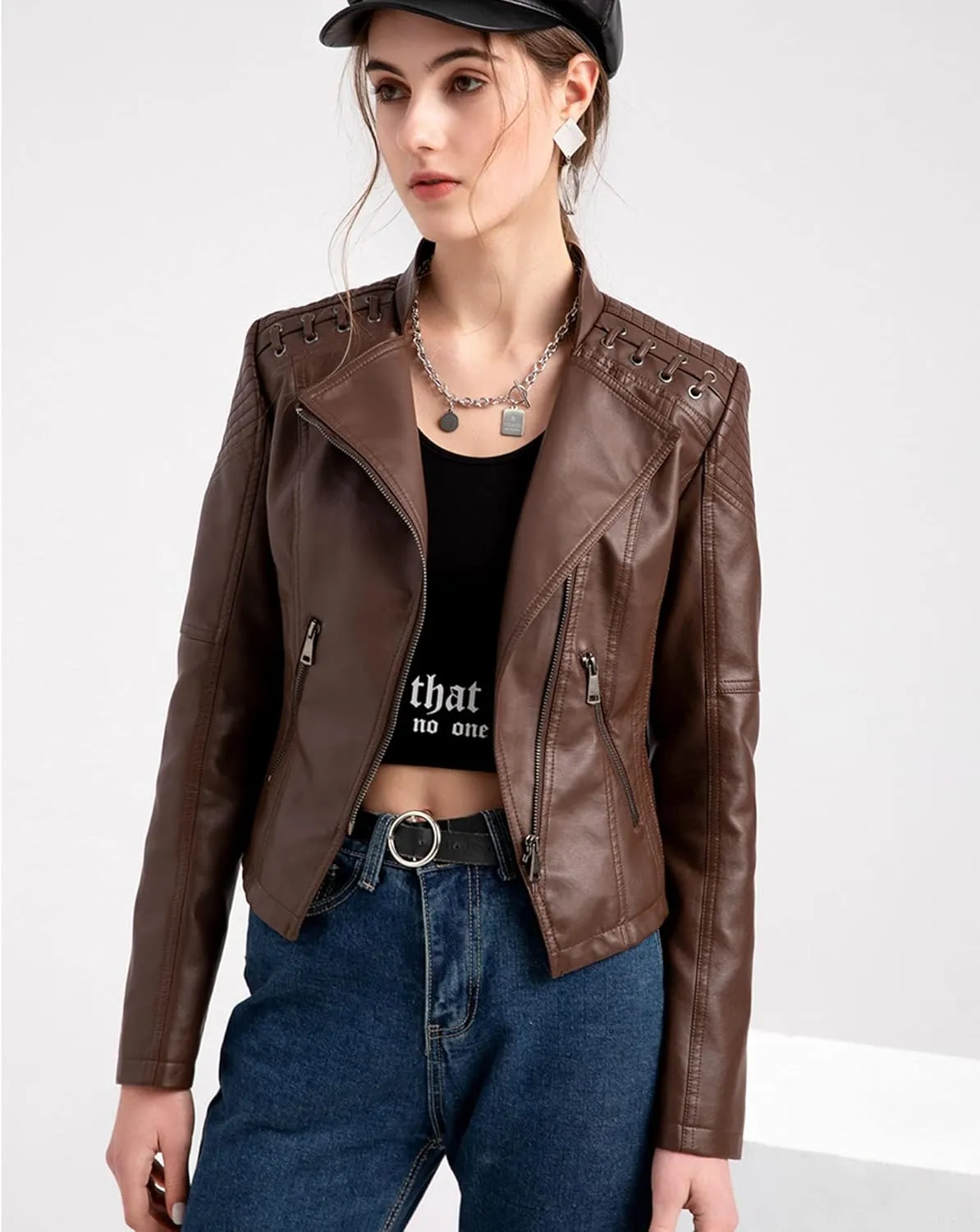 Women's Faux Leather Moto Jacket Slim Thin Leather Jacket