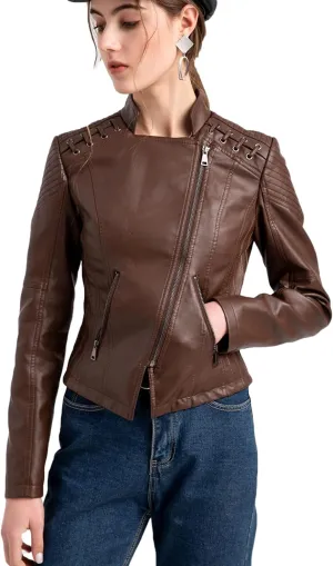 Women's Faux Leather Moto Jacket Slim Thin Leather Jacket
