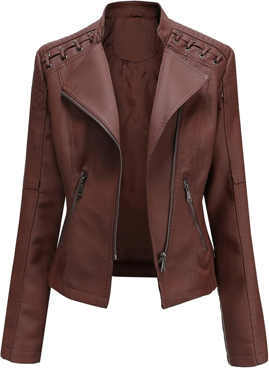 Women's Faux Leather Moto Jacket Slim Thin Leather Jacket