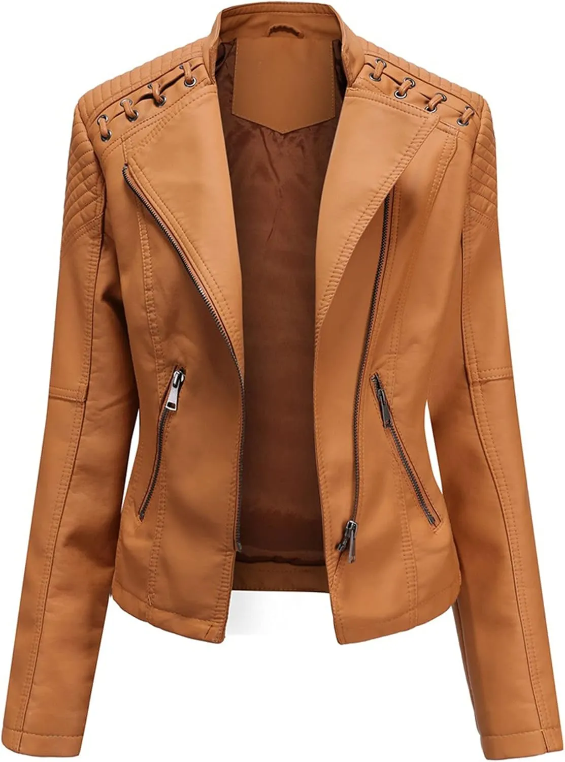 Women's Faux Leather Moto Jacket Slim Thin Leather Jacket