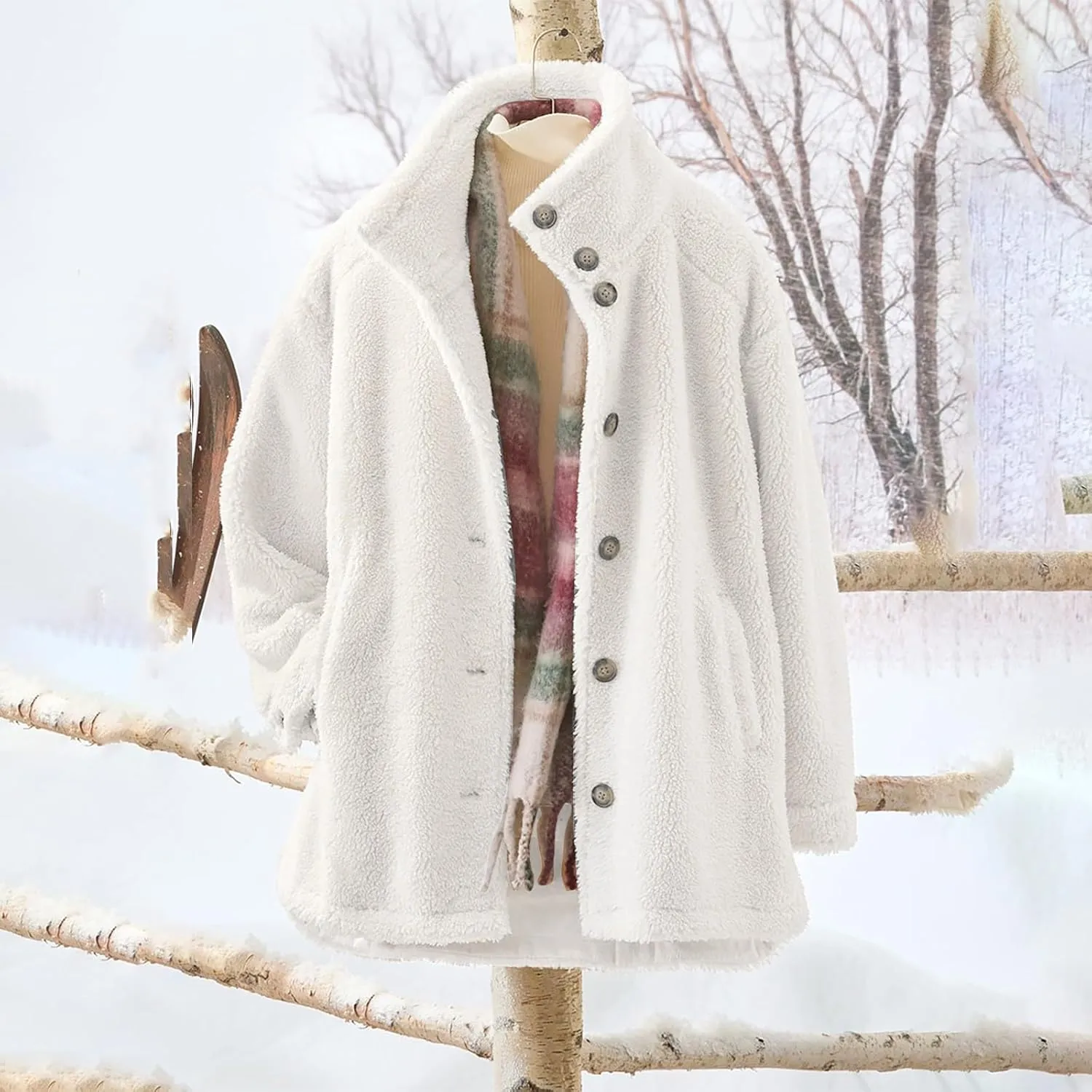 Women's Flannel Fuzzy Cardigan Casual Long Sleeve Sherpa Fleece Lined Jacket Trendy Lapel Collar Button Down Outwears