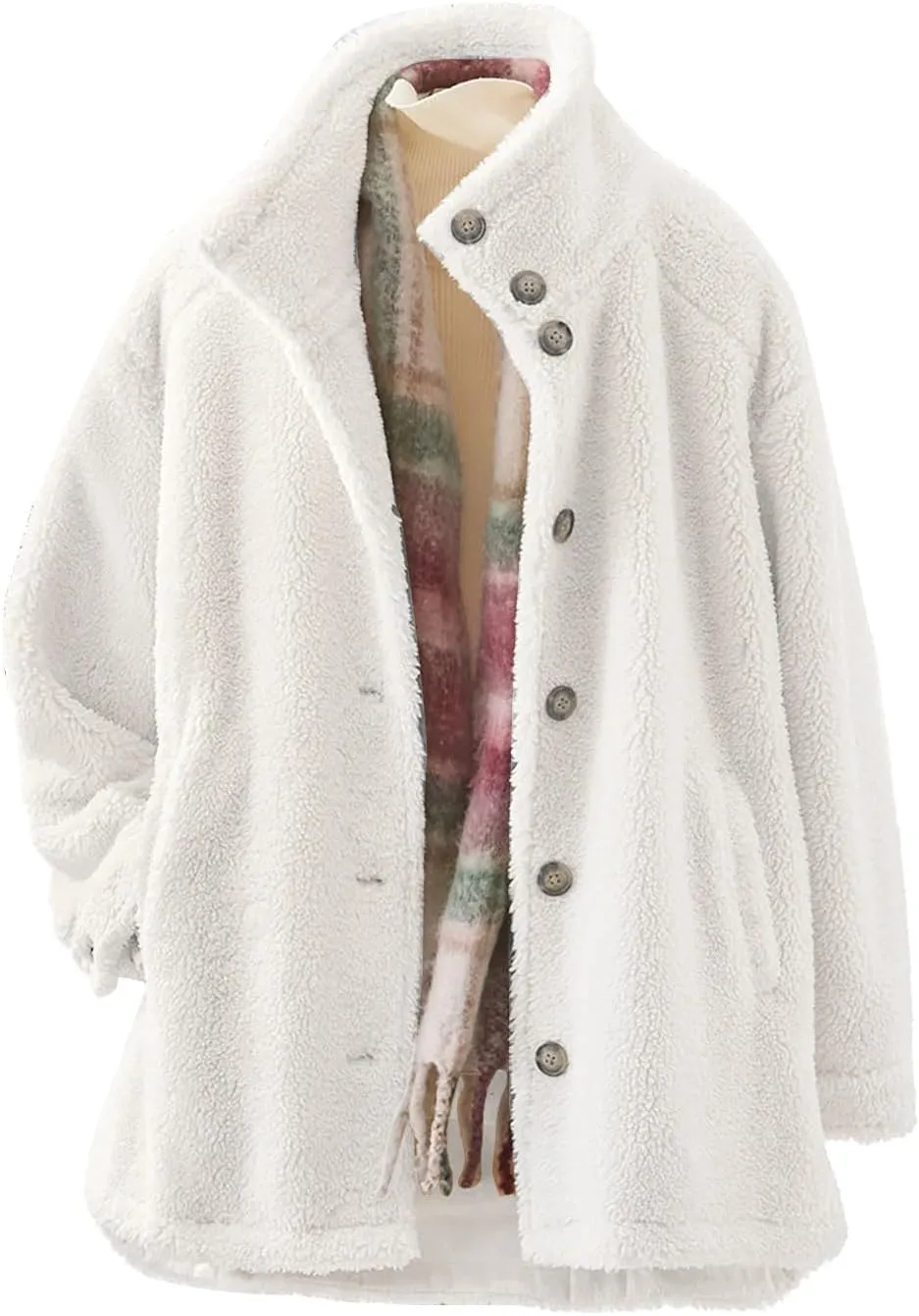 Women's Flannel Fuzzy Cardigan Casual Long Sleeve Sherpa Fleece Lined Jacket Trendy Lapel Collar Button Down Outwears