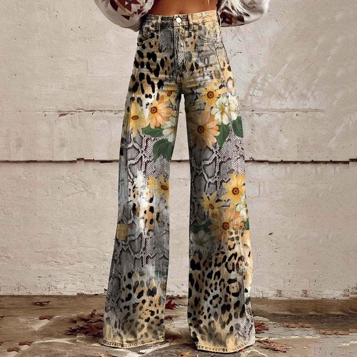 Women's Flare Jeans Wide Leg Baggy Pant Vintage Floral Print High Waisted Straight Stretch Loose Pants with Pockets
