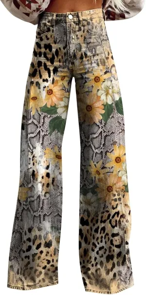 Women's Flare Jeans Wide Leg Baggy Pant Vintage Floral Print High Waisted Straight Stretch Loose Pants with Pockets