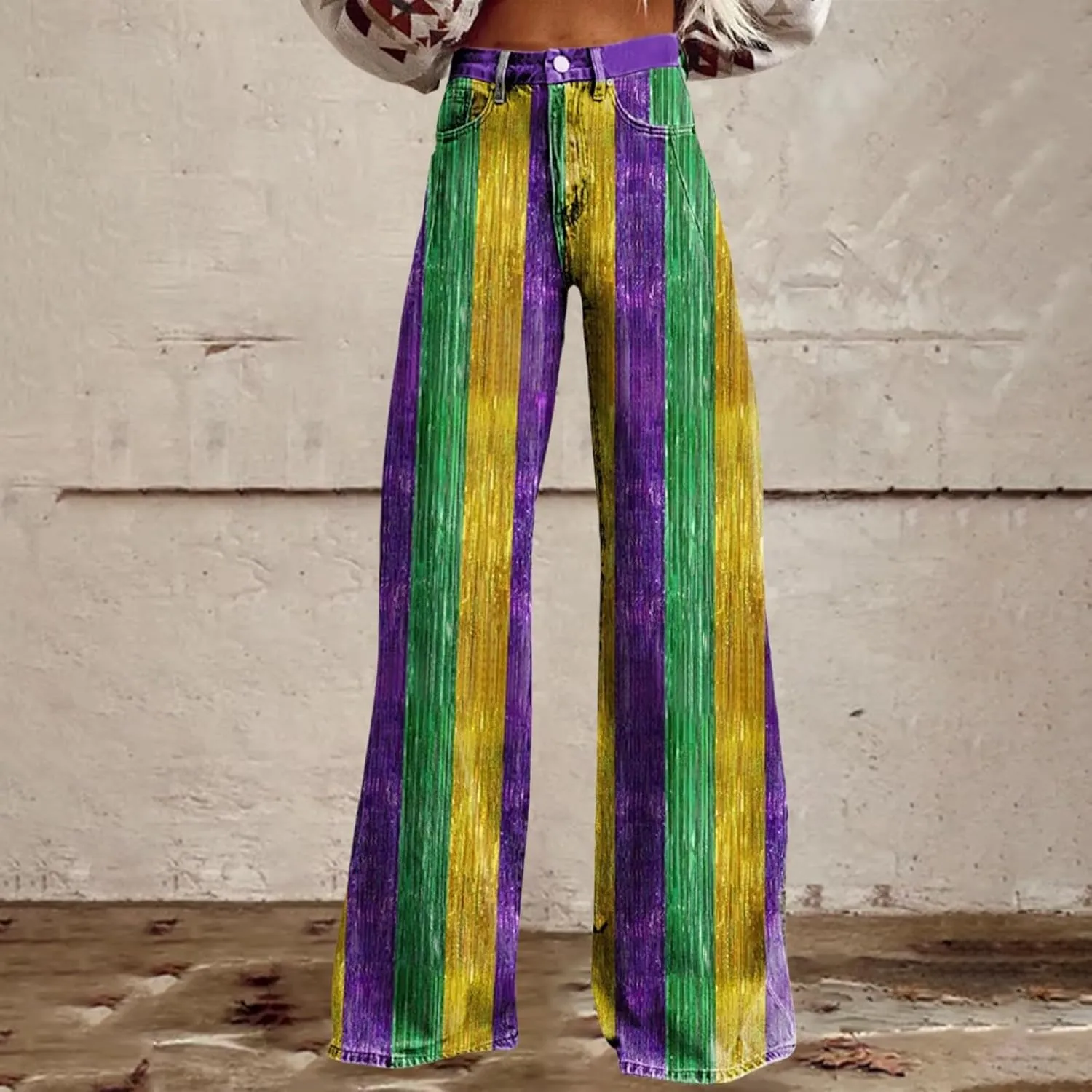 Women's Flare Jeans Wide Leg Baggy Pant Vintage Floral Print High Waisted Straight Stretch Loose Pants with Pockets
