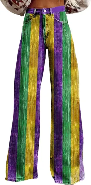 Women's Flare Jeans Wide Leg Baggy Pant Vintage Floral Print High Waisted Straight Stretch Loose Pants with Pockets