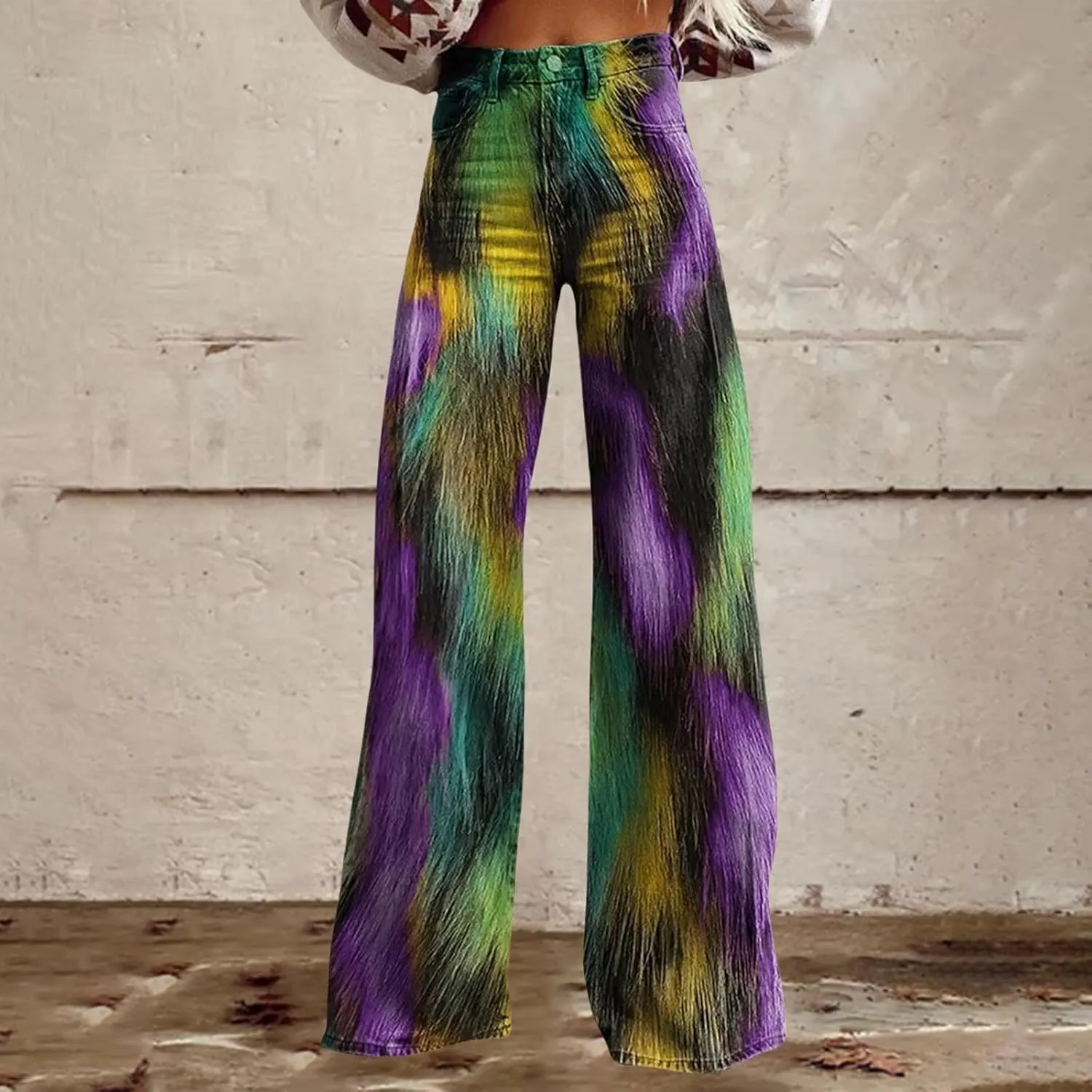 Women's Flare Jeans Wide Leg Baggy Pant Vintage Floral Print High Waisted Straight Stretch Loose Pants with Pockets