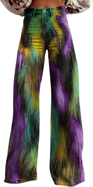 Women's Flare Jeans Wide Leg Baggy Pant Vintage Floral Print High Waisted Straight Stretch Loose Pants with Pockets